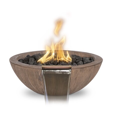 The Outdoor Plus 27 Round Sedona Fire, Water Bowl, Wood Grain GFRC Concrete, Oak, Match Lit w/Flame Sense, Liquid Propane OPT-27RWGFWFSML-OAK-LP